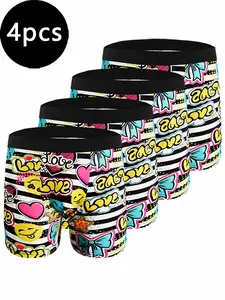 4-Pack Men's Briefs, Graffiti Heart Bow Print, Elastic Waistband, Smooth Breathable Anti-Irritation, Casual Daily Underwear
