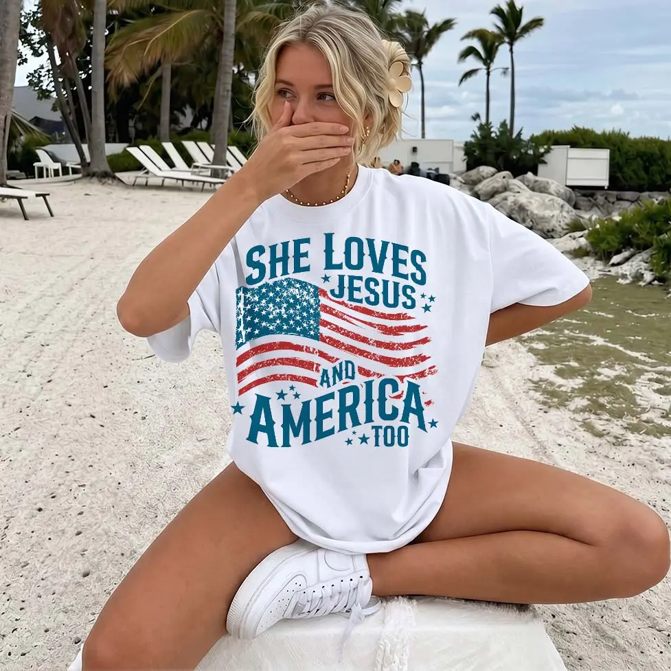 Women's Pure Cotton Short-Sleeve T-Shirt She Loves Jesus and America Too Pattern, Particularly Ideal For Spring And Summer Wear. Featuring A Cool Graphic Design And A Classic Crew-Neck Cut, It Is Suitable For All Four Seasons.