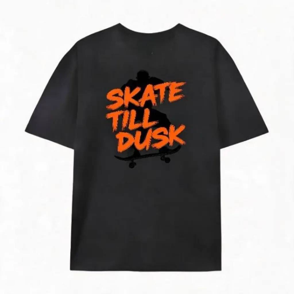Skate Till Dusk Orange Graffiti Skateboard Silhouette Graphic Oversized Cotton Black T-Shirt, Street Skate Casual Outfit Comfort Fashion Tee, Perfect Valentine's Day Gift For Skateboarders Teens Men, Ideal Holiday Present For Street Culture Fans Friends R