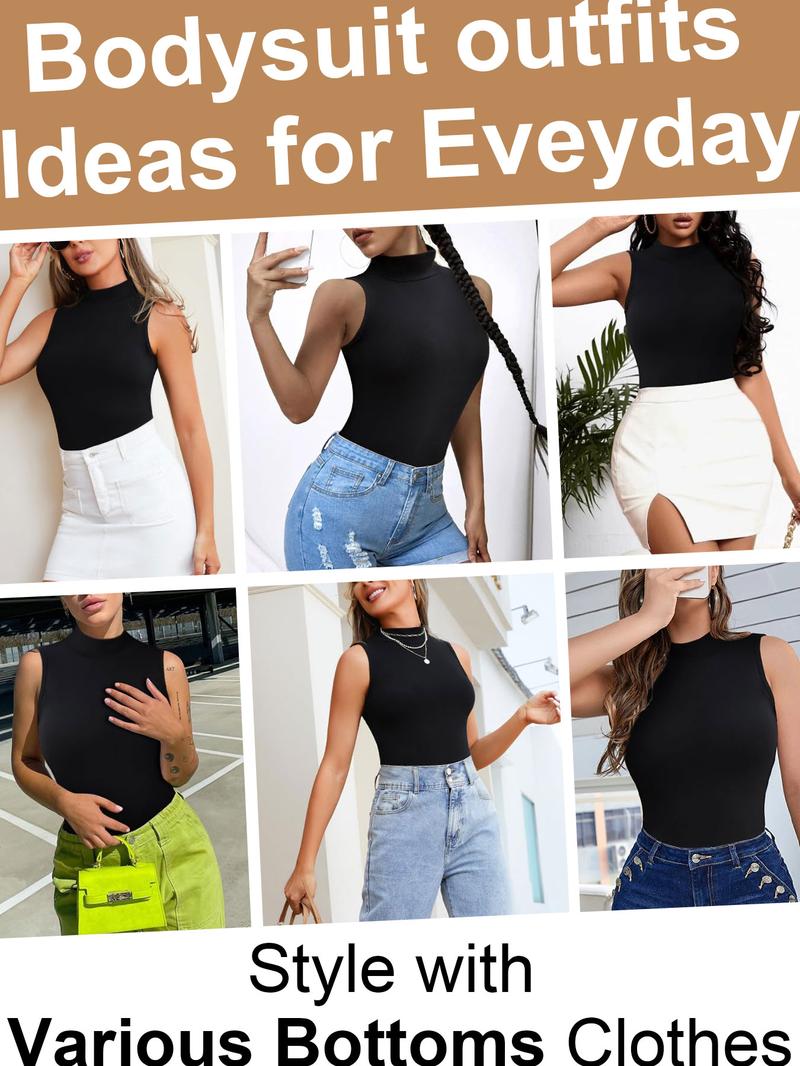 Women's Plain Mock Neck Bodysuit, Solid High Stretch Breathable Bodysuit, Ladies Clothes For Summer Daily Wear, High Compression Shapewear