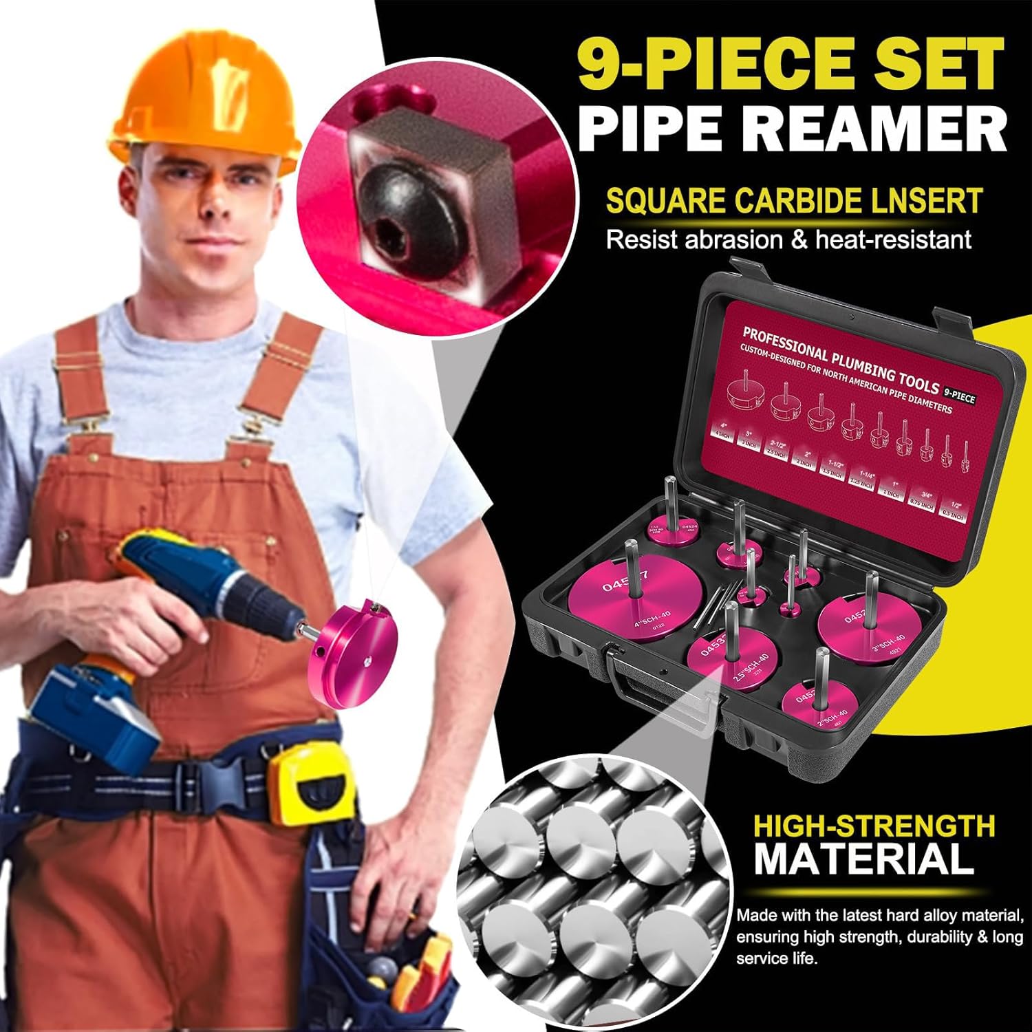 9- PVC Pipe Reamer Kit, Includes Sizes 1/2", 3/4", 1", 1-1/4", 1-1/2", 2", 2-1/2", 3", 4", For Standard 1/2" Drills, Ideal for PVC, CPVC, ABS Pipes,  for Plumbing Repairs