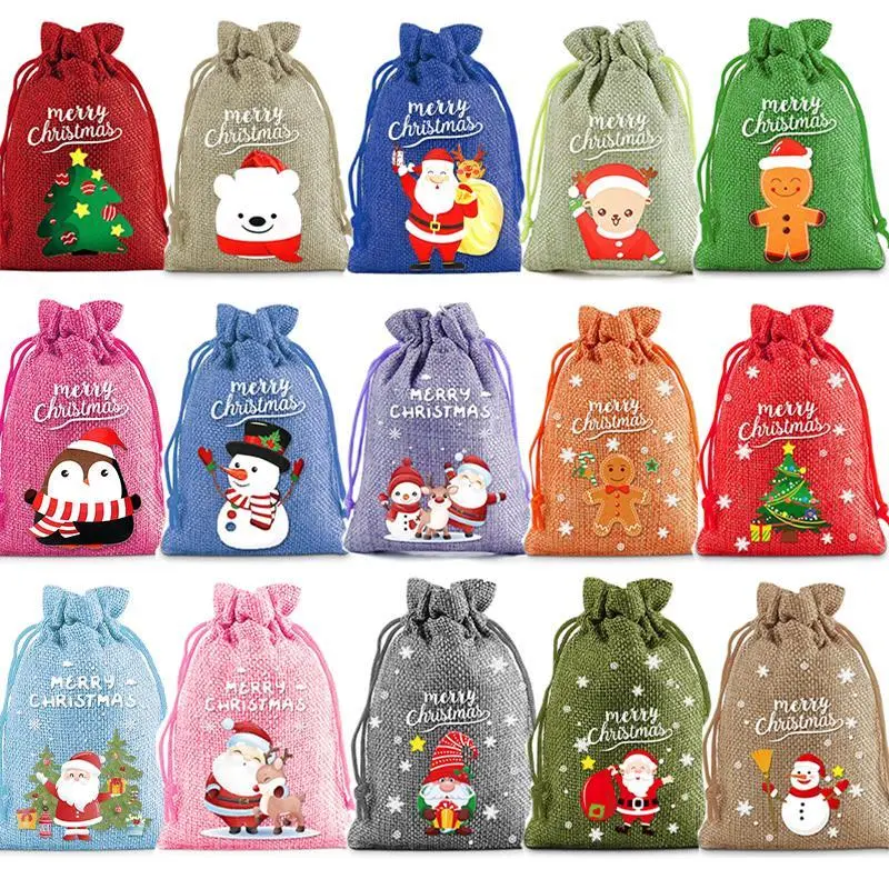 12/15 Piece Christmas Burlap Drawstring Gift Bags, Reusable Holiday Party Gift Wraps, Small Present Packaging Bags, Festive Storage Containers