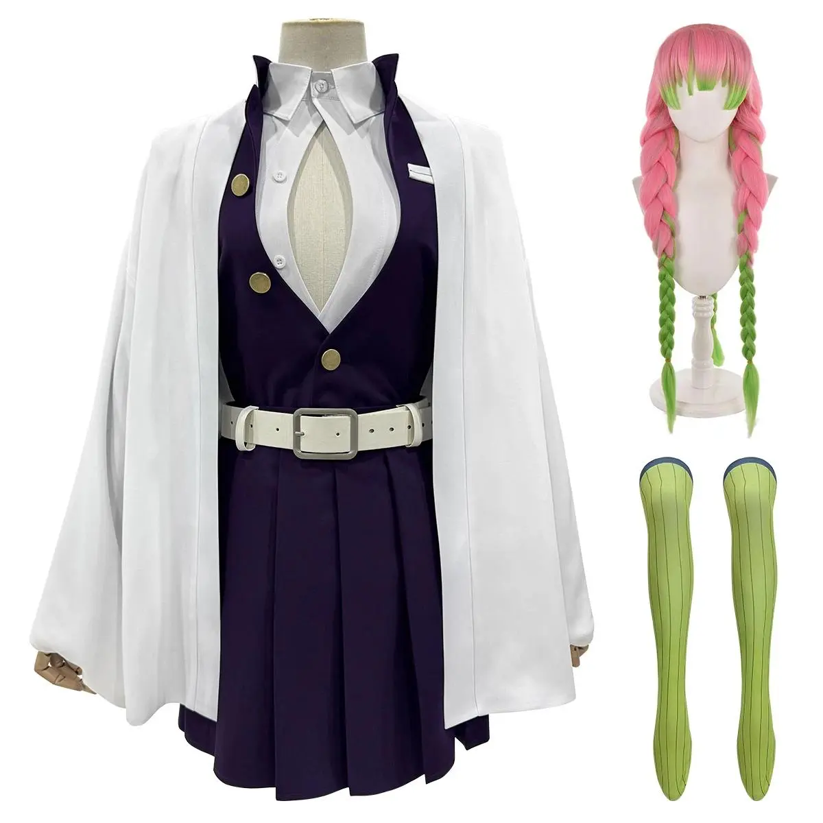 HOLOUN Anime Kanroji Mitsuri Cosplay Costume Braided Wig Embroidery Top Skirt White Haori Belt Stockings Cos Halloween