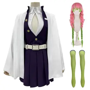 HOLOUN Anime Kanroji Mitsuri Cosplay Costume Braided Wig Embroidery Top Skirt White Haori Belt Stockings Cos Halloween