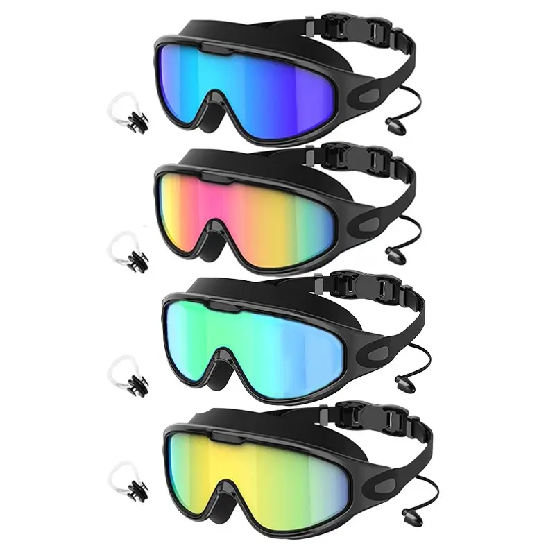 4-Pack Unisex Adult Outdoor Swimming Goggles Set, UV Protective Goggles, Large-Frame Swim Glasses, Pool Goggles with Nose Clips and Earplugs, UV-Protection, Waterproof and Anti-Fog Swimming Accessories