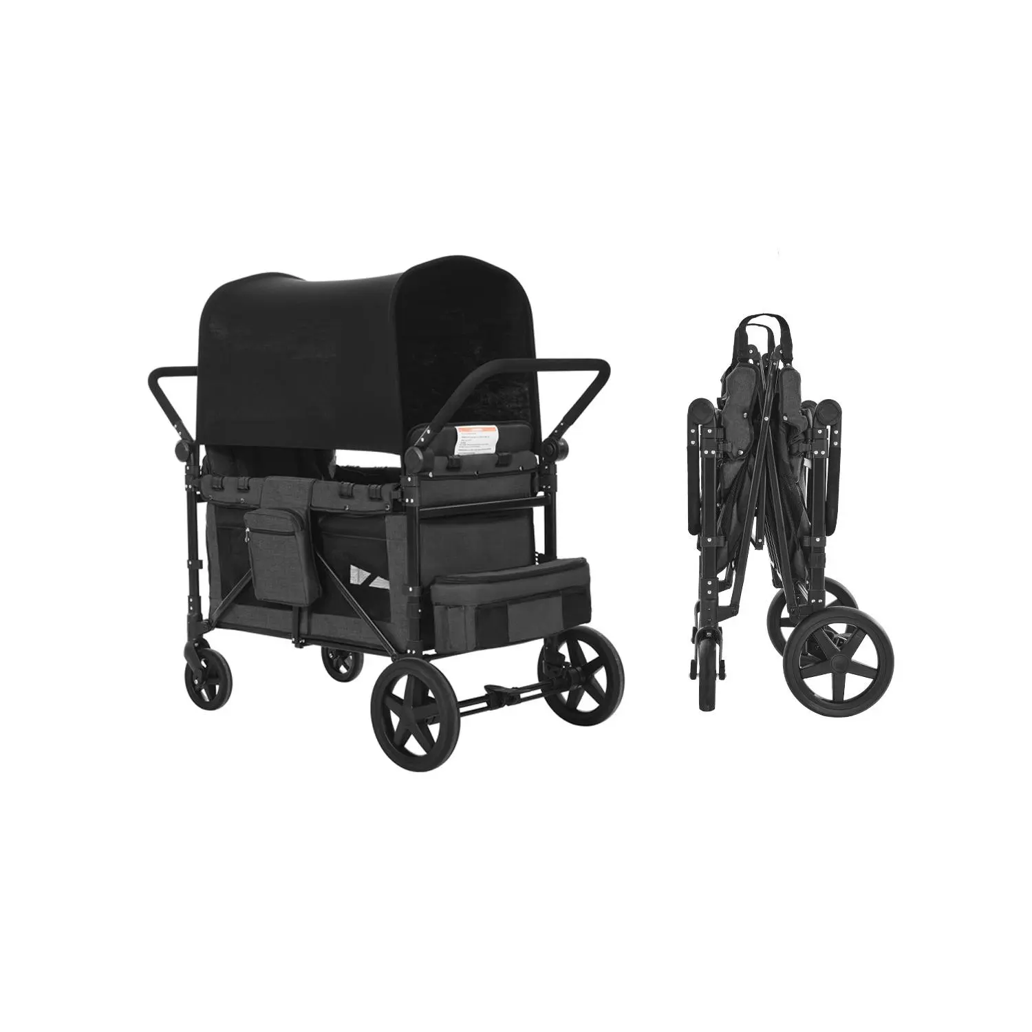 Wagon Stroller for 4 Kids, 330 lbs / 150 kg Load Capacity, Carbon Steel Construction, Push Pull Quad Collapsible Stroller with Adjustable Handle
