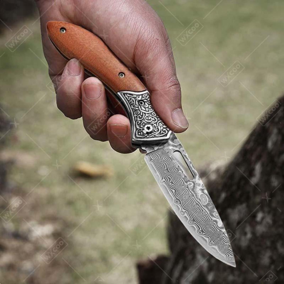 Folding Knife The Wood Handle Pure Manual Damascus Steel Blade Outdoor Camping Pocket Knife