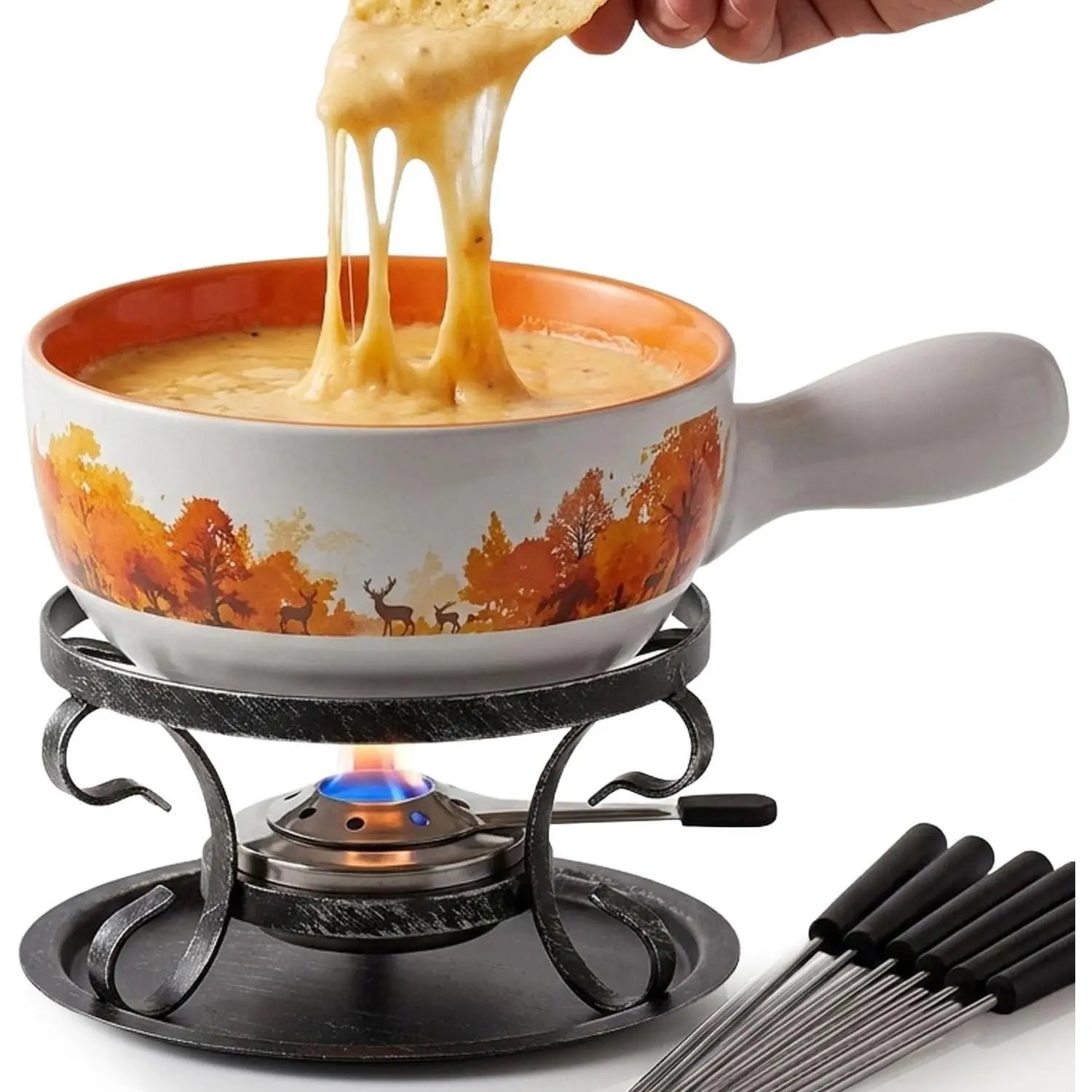 Swiss Fondue Set for Party | 2L Large Capacity Ceramic Fondue Pot Melting Cheese Chocolate, 6 Fondue Forks, Fondue Party, Wedding Gifts - Autumn Amble