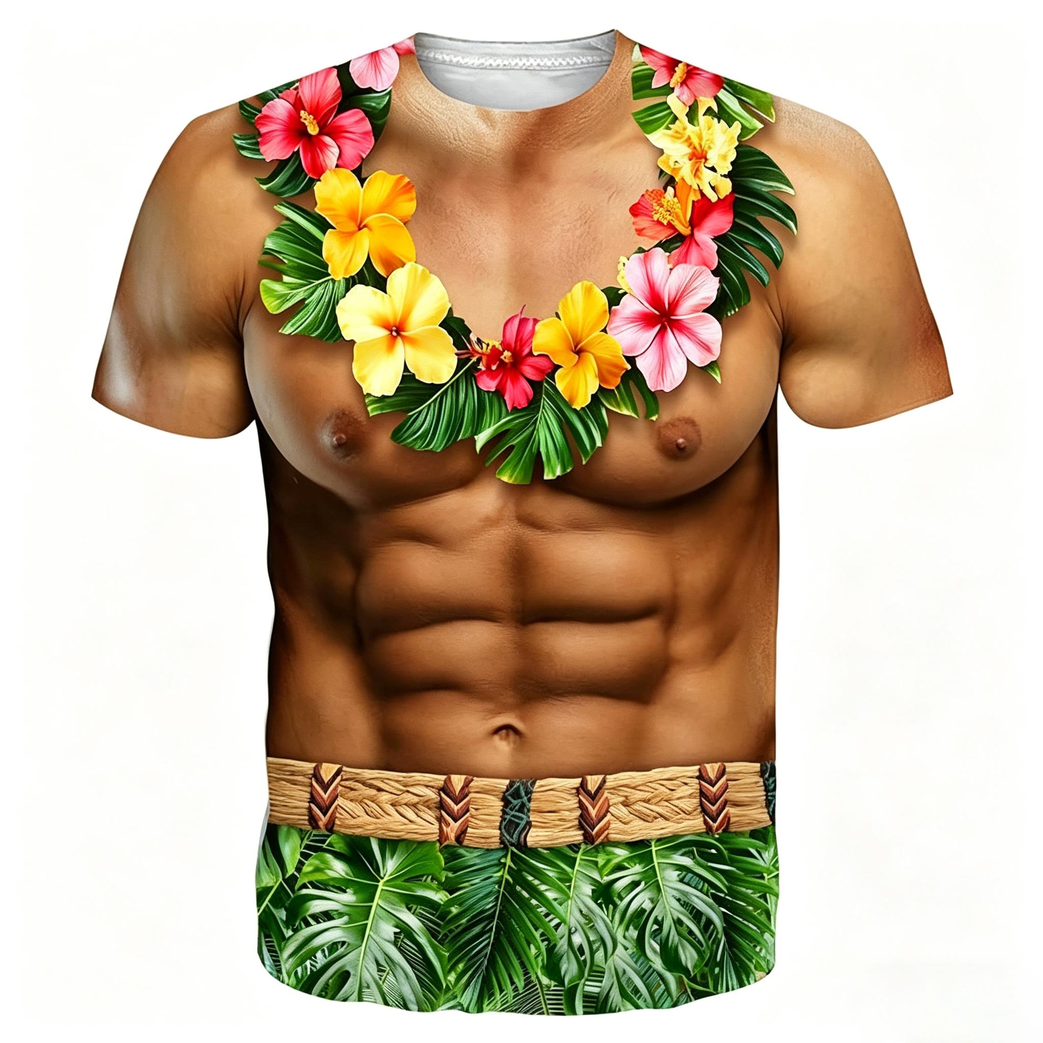 Unisex 3D Fake Abs Shredded Chest Printed Crew Neck Costume Tee, Ultra-Soft Stretchy Short Sleeve Sports Top, Multi-Size