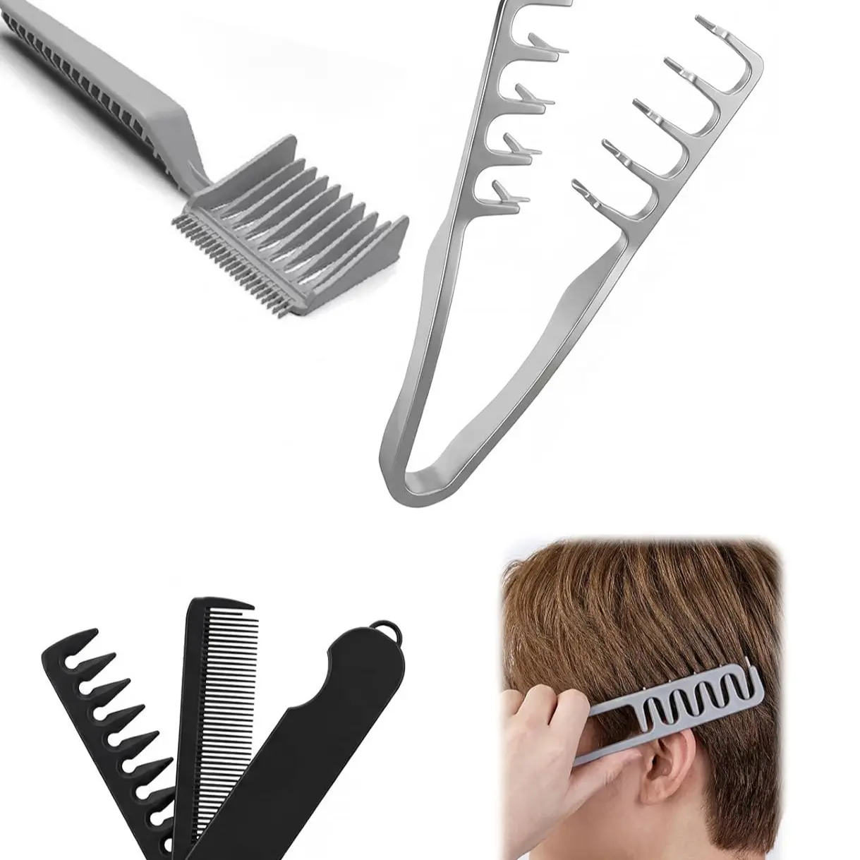 Professional Haircutting Comb Set, Long Handle Men's Barber Comb, Foldable Dual-Tooth Comb, Two-Clip Comb Set, Ideal for Stylists & Personal Grooming, Hairdressing Tool Set, Styling Hair Tools