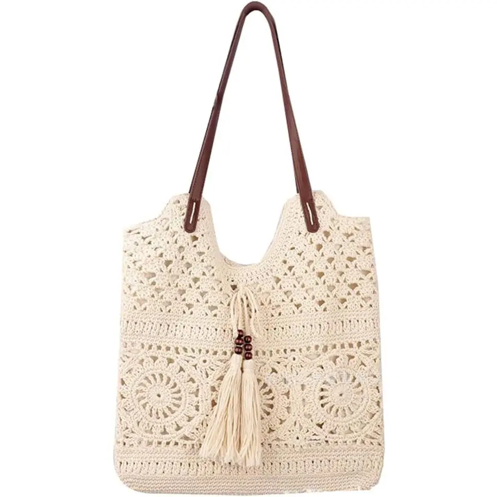 Women's Modern Boho Crochet Summer Tote Bag - Durable Synthetic Yarn, Breathable Weave, Hollow Crochet, Rope Knit, Smooth Zipper, Travel Hobo Bag with Tassel