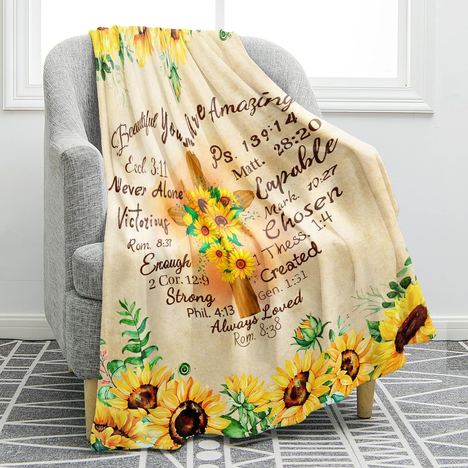 Christian Sunflower Blanket Inspirational Spiritual Religious Faith Gifts for Women Men Kids Girls Female Friends Birthday Christmas Halloween Presents Flower Floral Decor Plush Throw 50"x60"