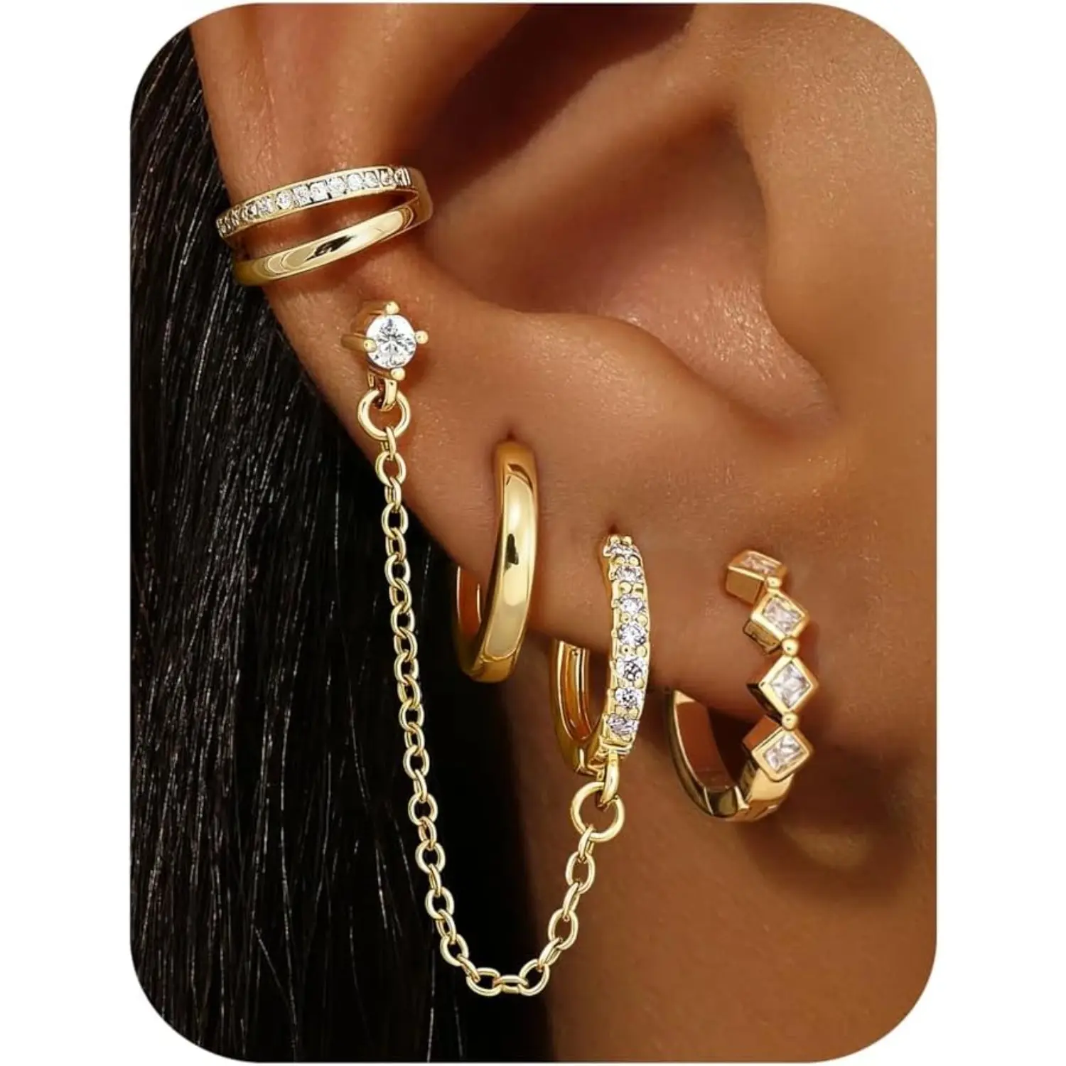 Trendy 14K Gold Plated Chain Drop Earrings Set Trendy 4 Pairs Small Hoop Earrings for Women  Hypoallergenic CZ Huggie Hoops Lightweight Cartilage Earring Stacks for Multiple Piercing