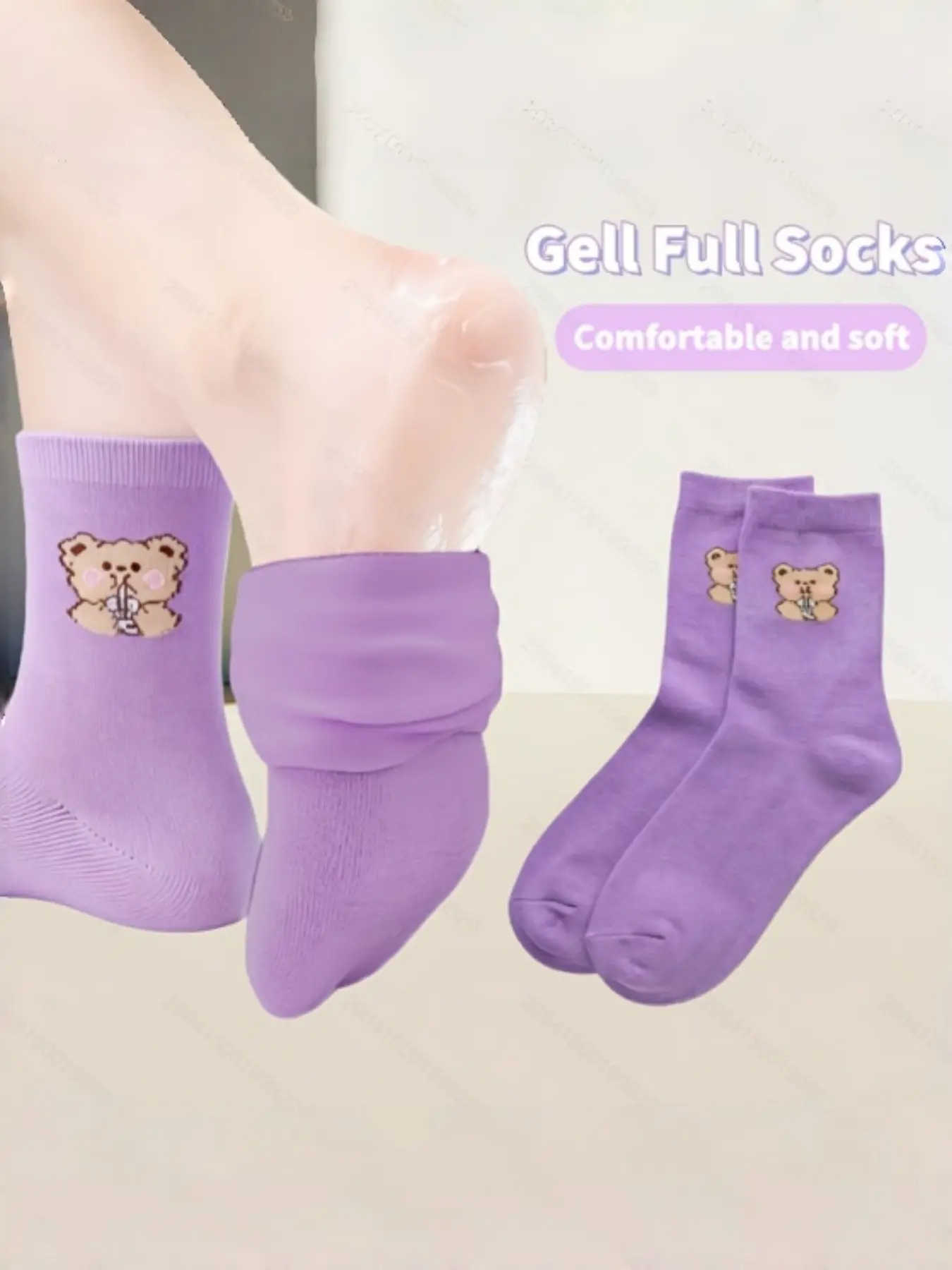 Moisturizing Gel Socks for Women, Cute Bear Design, Soft Mid-Calf Foot Care, Elastic Stretch, Essential Oil Gel, Daily Wear, Casual Sports