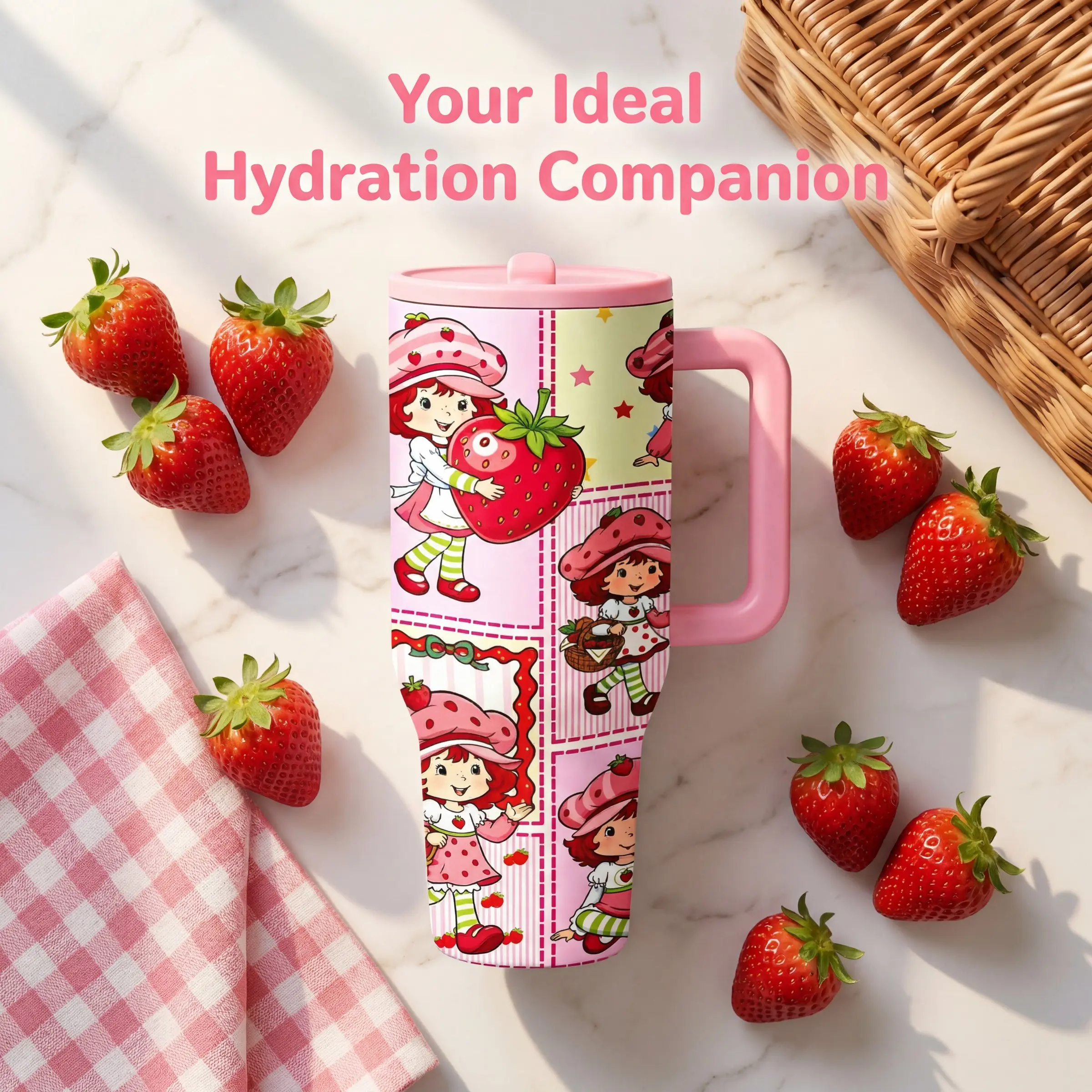 Strawberry Girl 40oz Steel Tumbler with Handle, Cute Berry Cartoon Travel Mug, Strawberry Pattern, Kawaii Insulated Cup for Women Girls