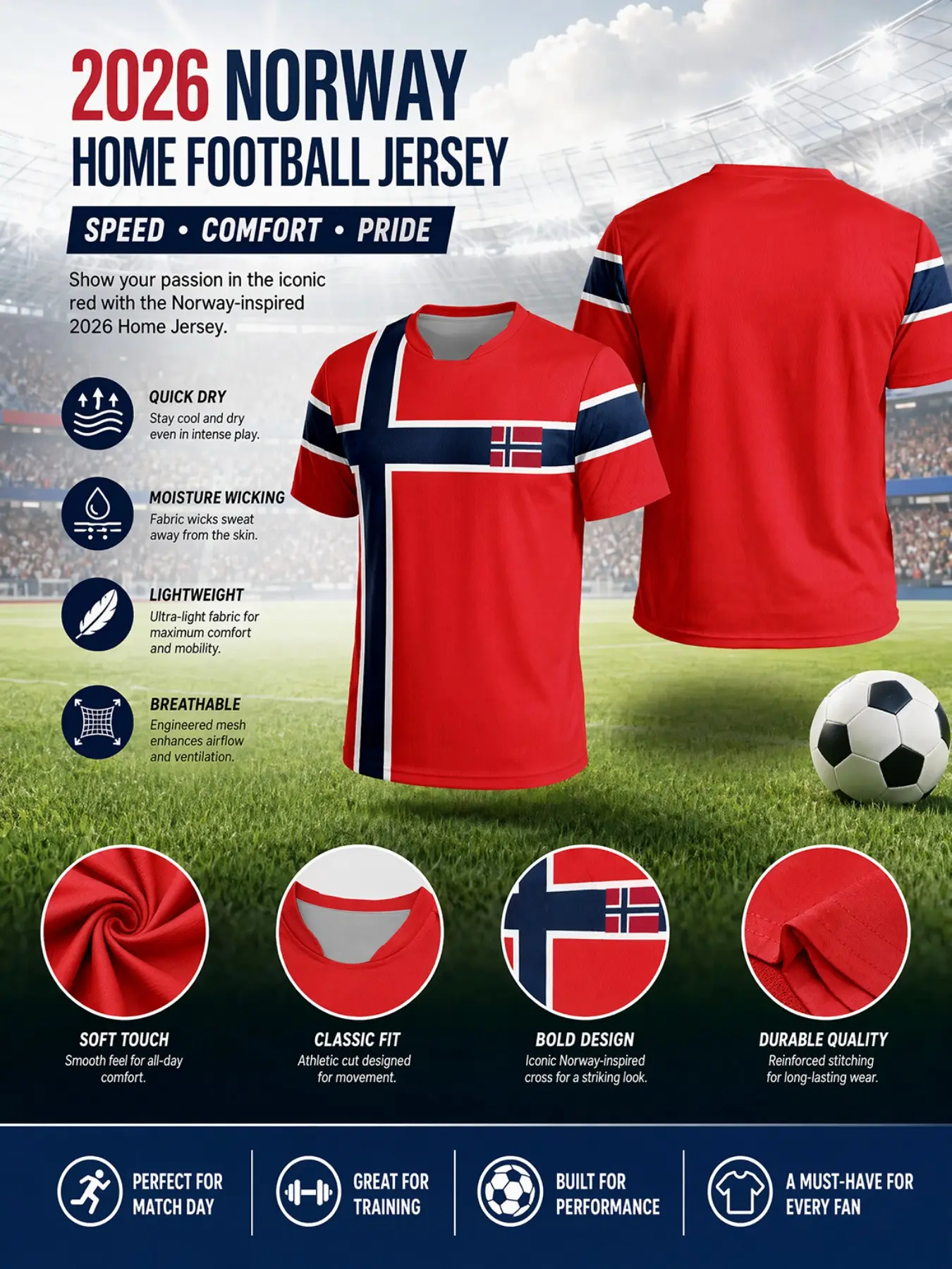 Norwegian Men's Soccer Jersey, Base Nordic Cross Print, Quick-Dry Breathable Polyester, Slim Fit, Ideal for Sports and Casual Wear