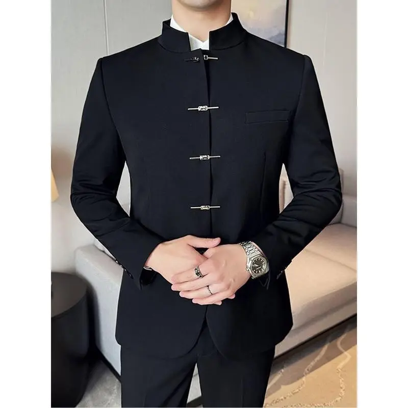 Men's Modern Mandarin Collar Suit Jacket Traditional Chinese Style Tang Coat Polyester Blend Solid Color Fashion Stand Collar Slight Stretch Single Breasted Button Detail Regular Fit Long Sleeve Coat for Men