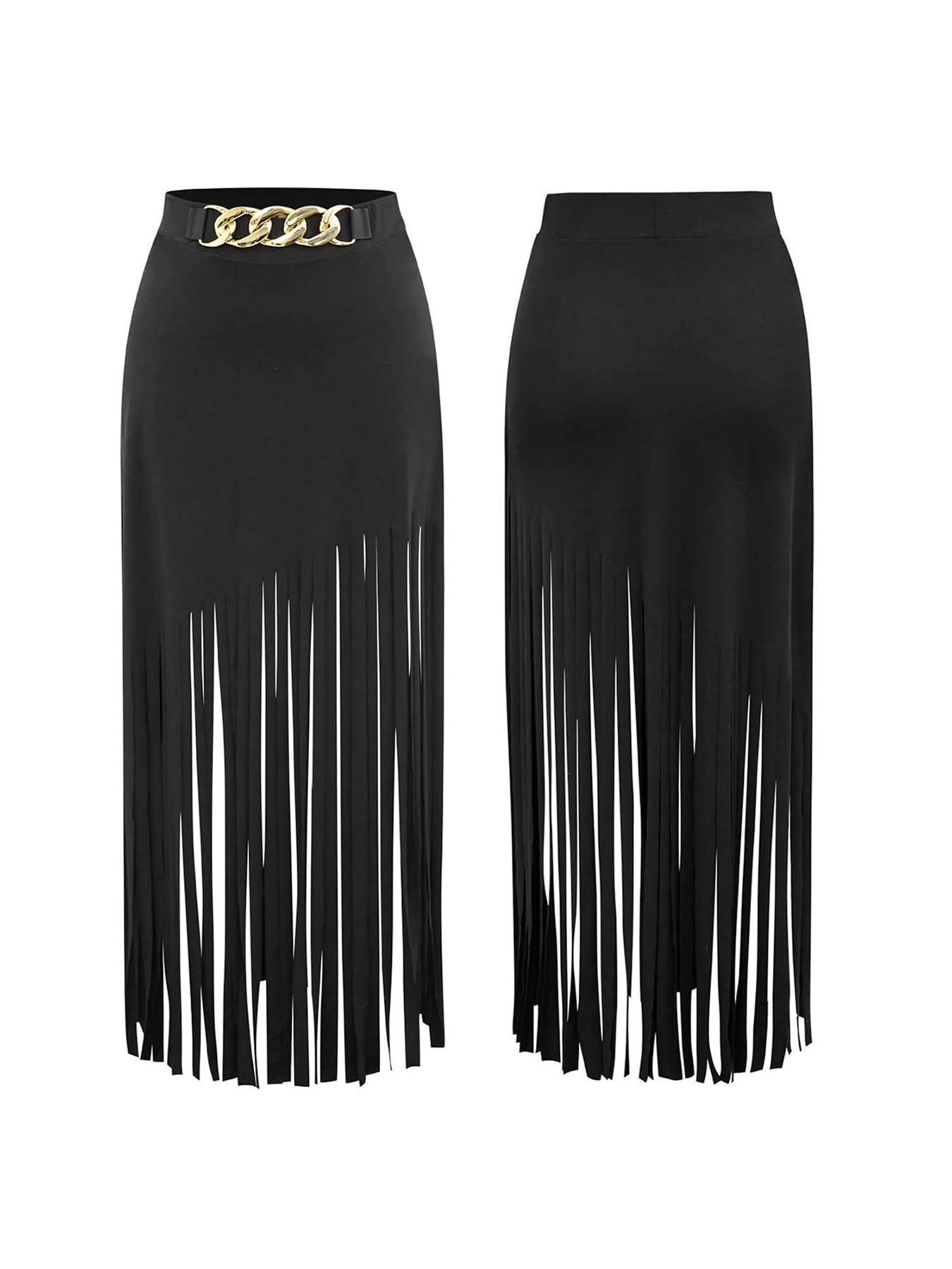 Women's Solid Color Fitted Fringe Trim Skirt, Fashionable Long Skirt for Party Club Dating Wear, Women's Bottoms for Summer