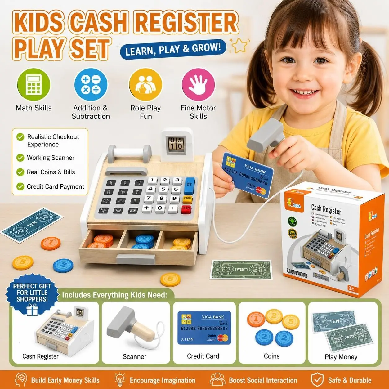 Kids Cash Register Playset, Realistic Coins, Bills & Credit Card, Early Math, Counting & Role Play Toy for Toddlers