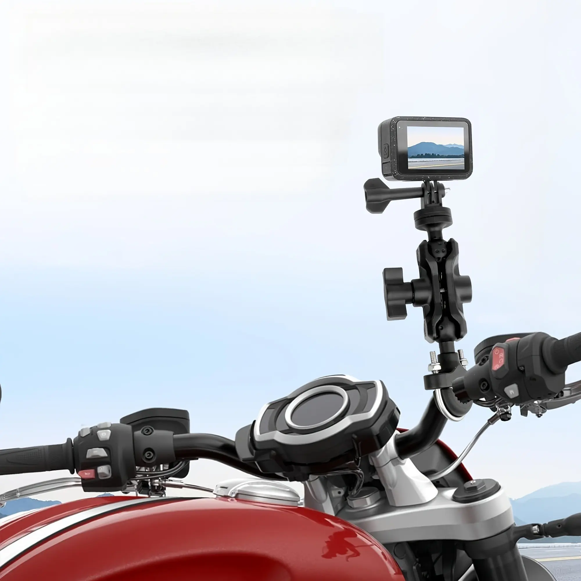 Motorcycle Camera Mount Bundle Kit, 360° Rotating Ball Head, 1/4 Screw & Tripod Adapter, Handlebar Clamp for Dirt Bike, Atv, Scooter