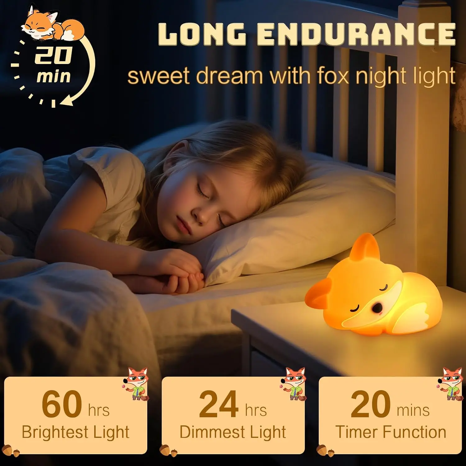 Fox Cute Lamp, Silicone Rechargeable Squishy Night Light for Kids, Baby Nursery Nightlight, Dimmable Woodland Animal Decor, White Elephant Gifts, Touch Light Up, Safe BPA-Free, Orange