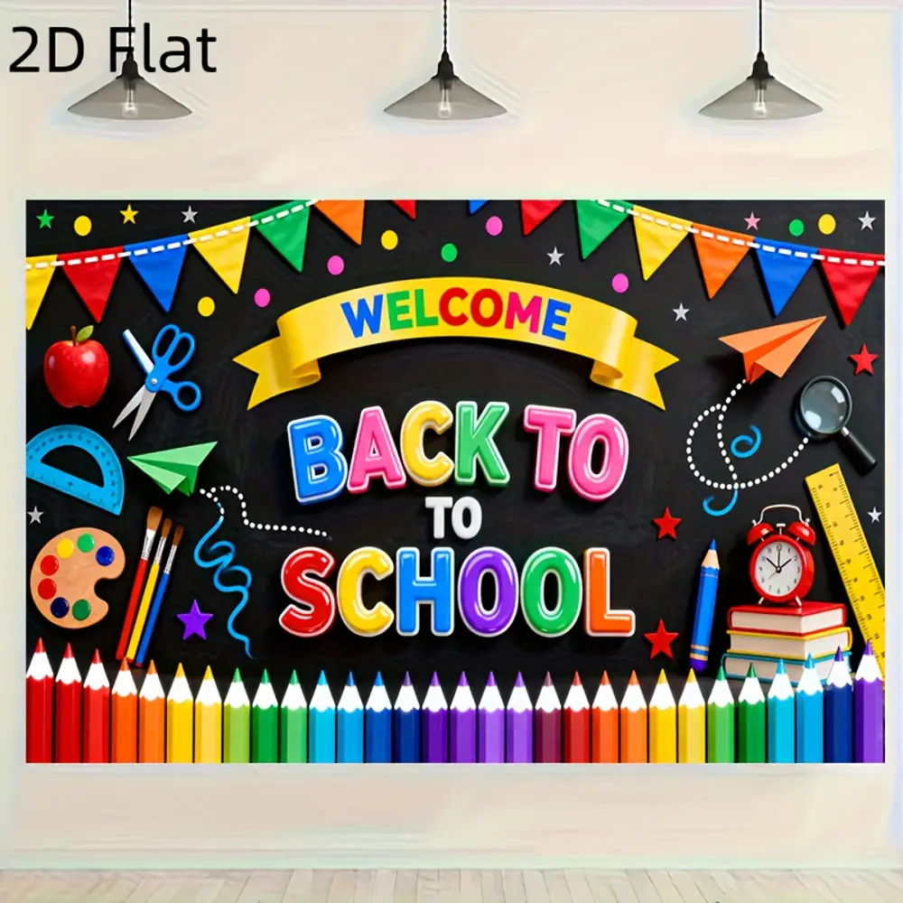 2D Flat Back to School Polyester Photography Backdrop, HD Digitally Printed Soft Lightweight Foldable Banner Cloth, for Photographic Images, Party Decoration, Video Conference