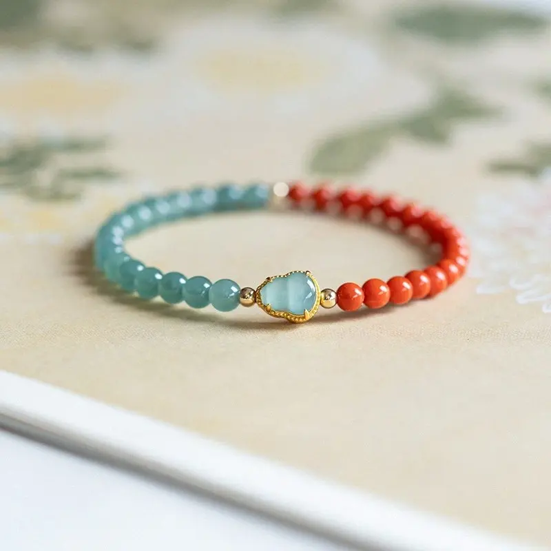 Traditional Oriental Gourd Charm Bracelet, Jade Bracelets, Blue Water Jade and South Red Agate Beaded Jewelry, Auspicious Symbol of Peace & Fortune, Delicate Cultural Accessory with Elegant Design for Women Everyday & Daily Styling