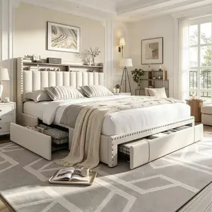 Bestselling Home Furniture SuppliesKing Size Bed Frame with Storage & Headboard, Upholstered Queen or Full Size Divan Beds with Drawers & Shelves, Luxury Bed Frames- Modern Luxury Home Interior Furniture