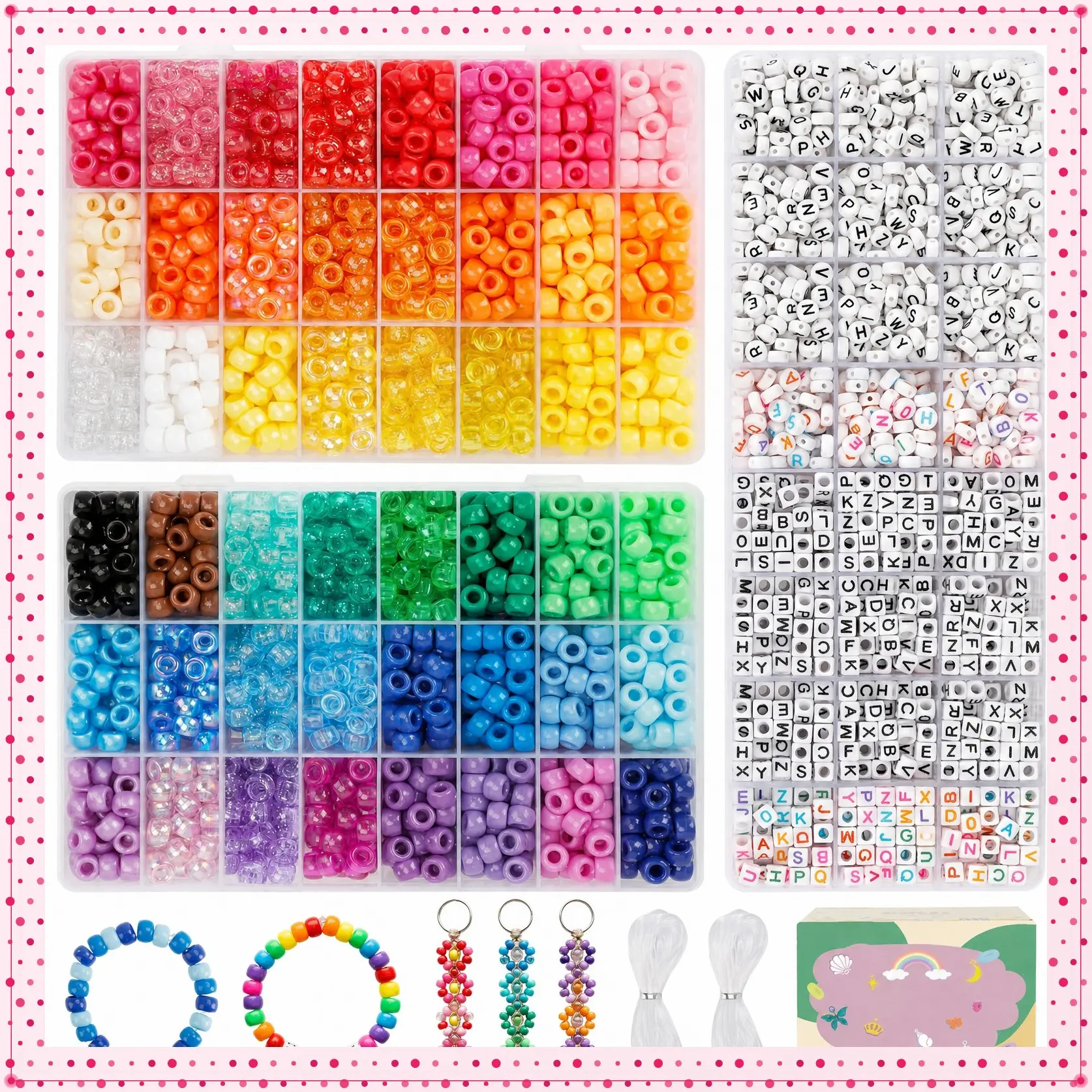 48 Colors 4000pcs Pony Beads Bracelet Making Kit with Letter Beads | 2400 Plastic Rainbow Beads & 1600 Letter Beads, Kandi Set, Friendship Bracelets, Keychains, Jewelry Necklace Making SuppliesGift