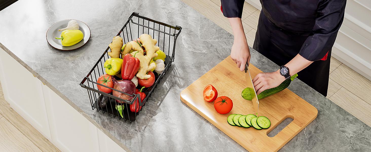 4 Pcs Stackable Wire Baskets for Pantry Organizers and Storage,Vegetable Fruit Basket for Countertop,Kitchen Storage Metal Baskets,Produce Potato Onion Storage Bin,Black