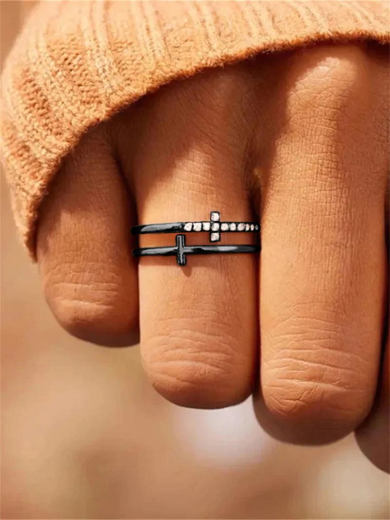 Rhinestone Decor Cross Design Double Layered Ring, Stackable Rings, Fashion Jewelry Accessories for Women & Girls, Matching Jewelry