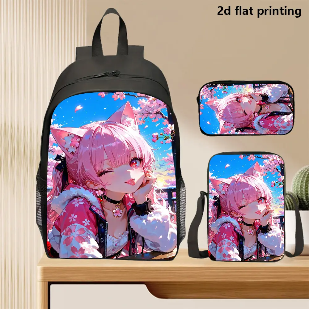 3pcs Flat Printing Pink Girl Backpack Set, Lightweight Multi-Compartment Campus Backpack with Ample Space, and Outdoor Camping Travel Backpack Featuring Adjustable Straps and Smooth Zippers