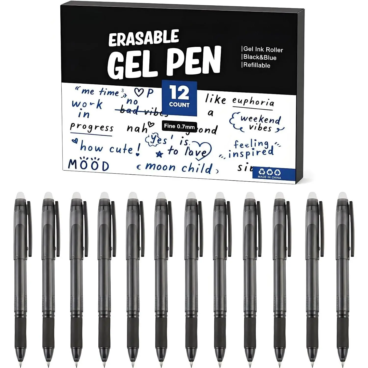 Erasable Gel Pens Soft Black, 12 Pack, 0.7mm Fine Point, Heat Erasable Gel Ink Pens, Capped Design, Smooth Writing for  & Office