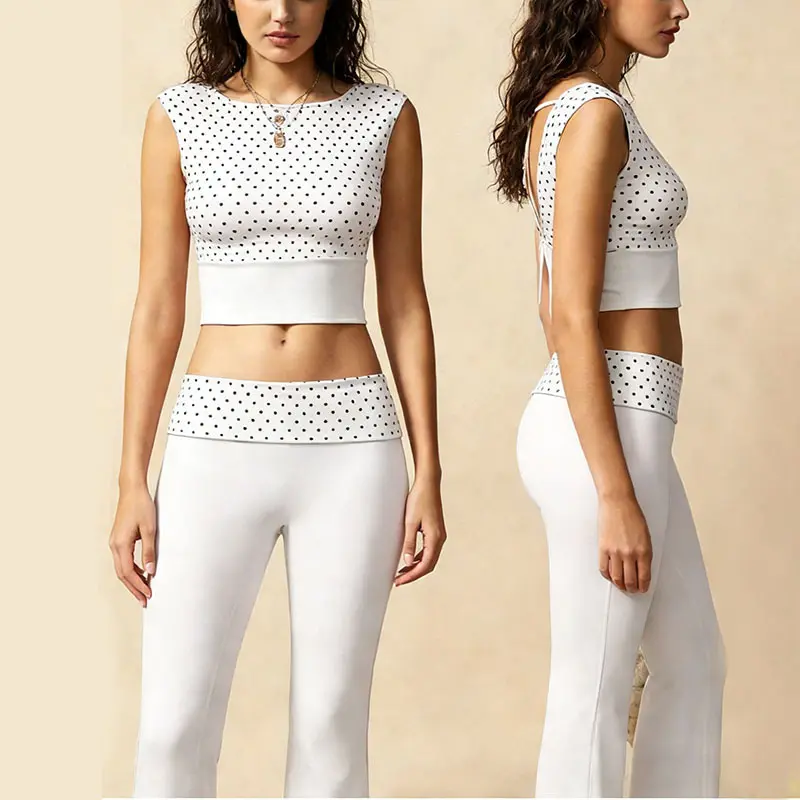 Polka Dot Color Block 2 Piece Outfit, Sleeveless Back Tie Crop Tank Top Fold Over Waist Flare Bootcut Pants Y2K Casual Matching Lounge Set