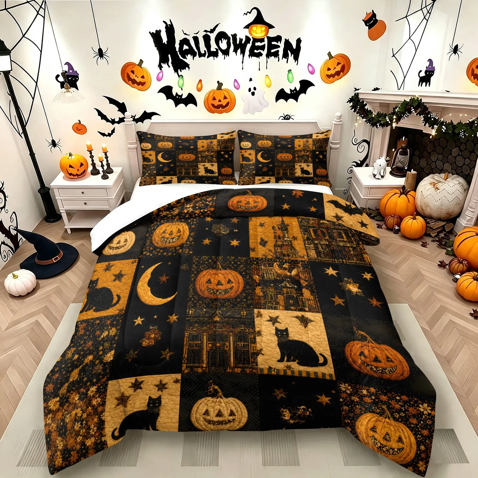 Fall Rustic Halloween Quilted Comforter Set Include One Quilt Core and 1/2 Pillowcases, Patchwork Spooky Pumpkin Black Cat Gothic Haunted Mansion Bed Comforter for Guest & Bedroom Decoration