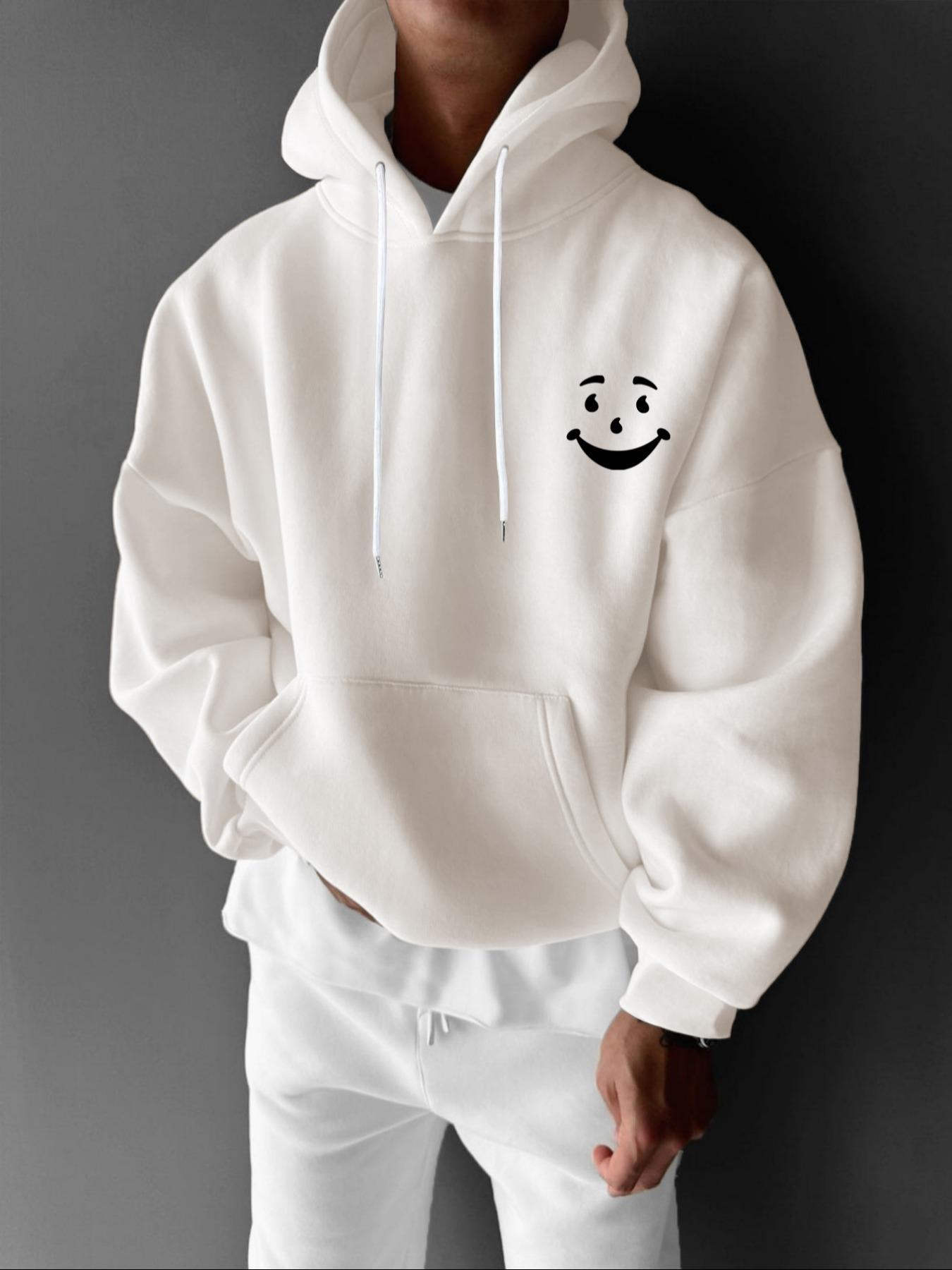 Men's Cartoon Smile Face Print Drop Shoulder Hoodie, Fashion Casual Regular Fit Drawstring Pocket Hooded Sweatshirt for Daily Holiday Outdoor Wear, Men Clothes for Fall & Winter