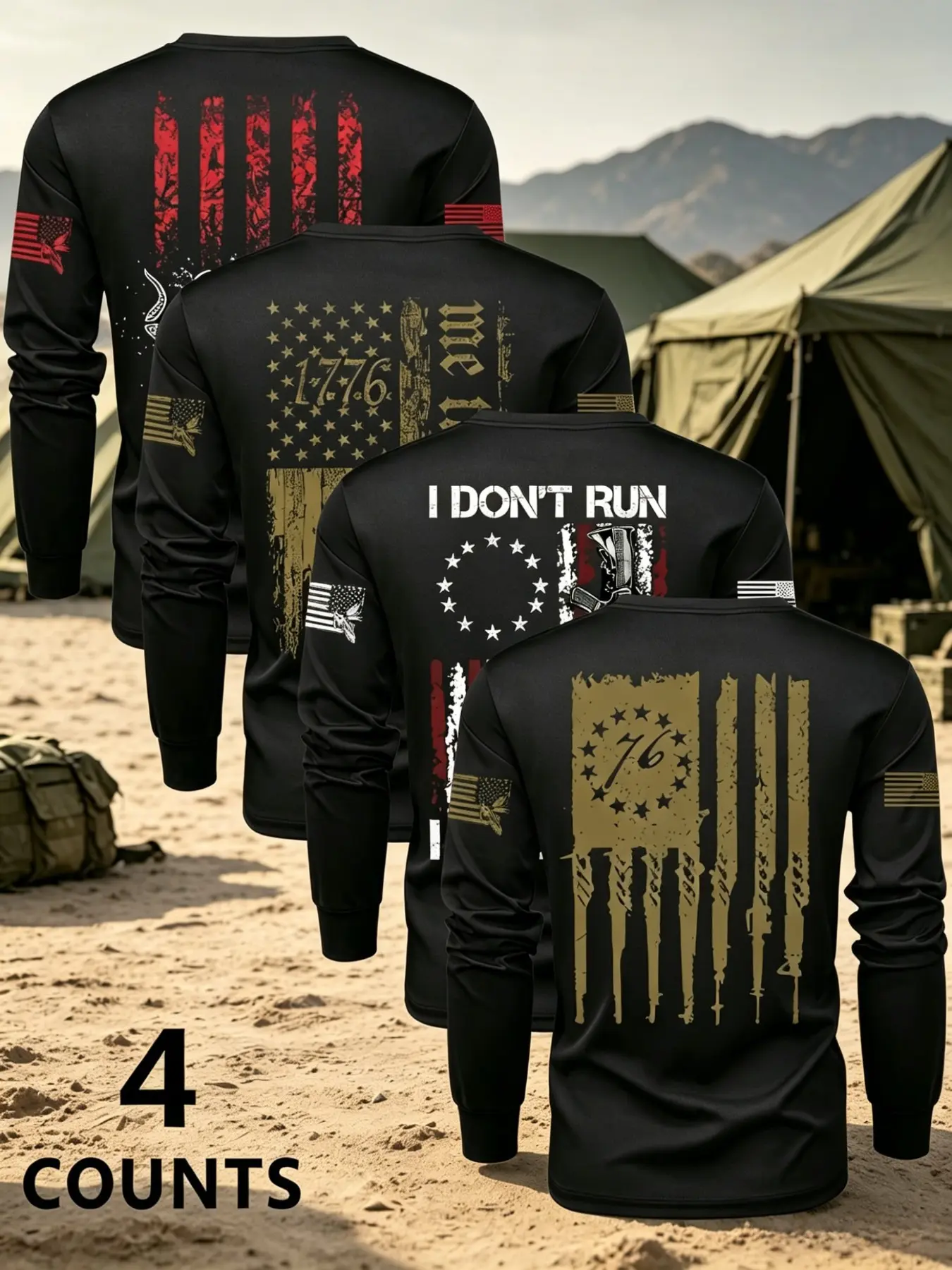 Men's Plus Size Long Sleeve T-Shirt 4-Pack, Letter and Flag Pattern Print, Comfortable Casual Wear, Ideal for Daily Use, Streetwear