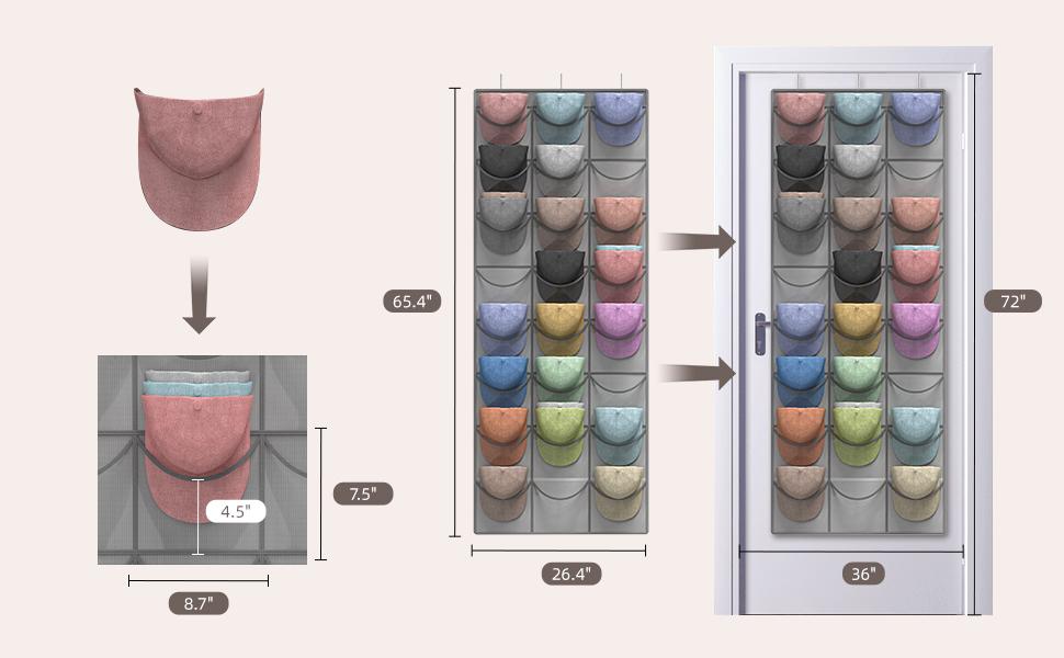 Grey Hat Organizer Racks for Baseball Caps, 24 Deeper Pockets Baseball Hat Rack, Cap Rack, Hat Rack for Door with 3 Hooks