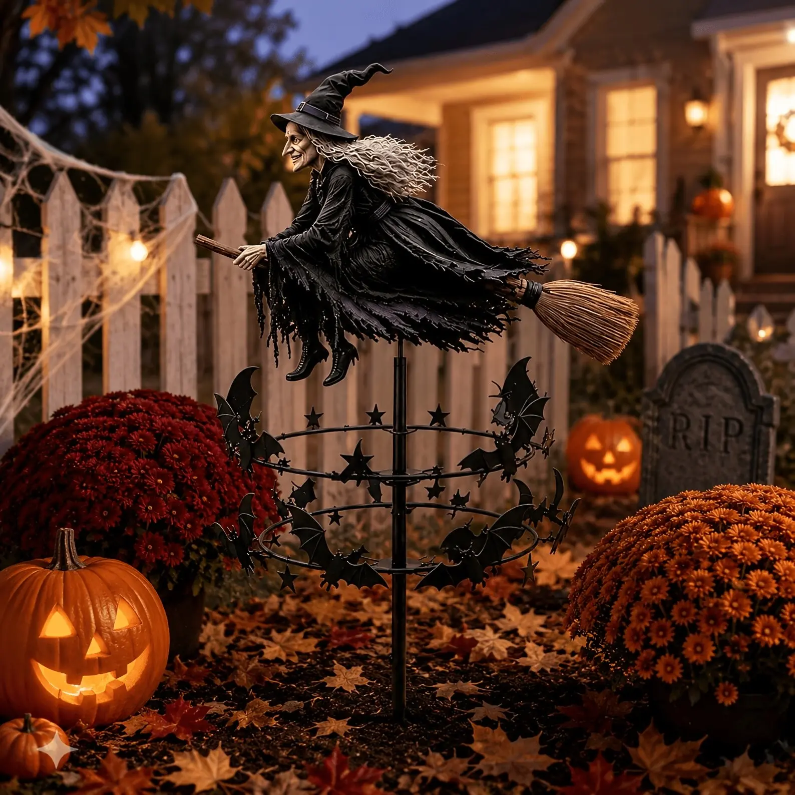 Halloween Witch Broom Garden Wind Spinner, Bat Windmill, Weather-Resistant Metal, Outdoor Courtyard Decor, 3D Design, Includes Stake