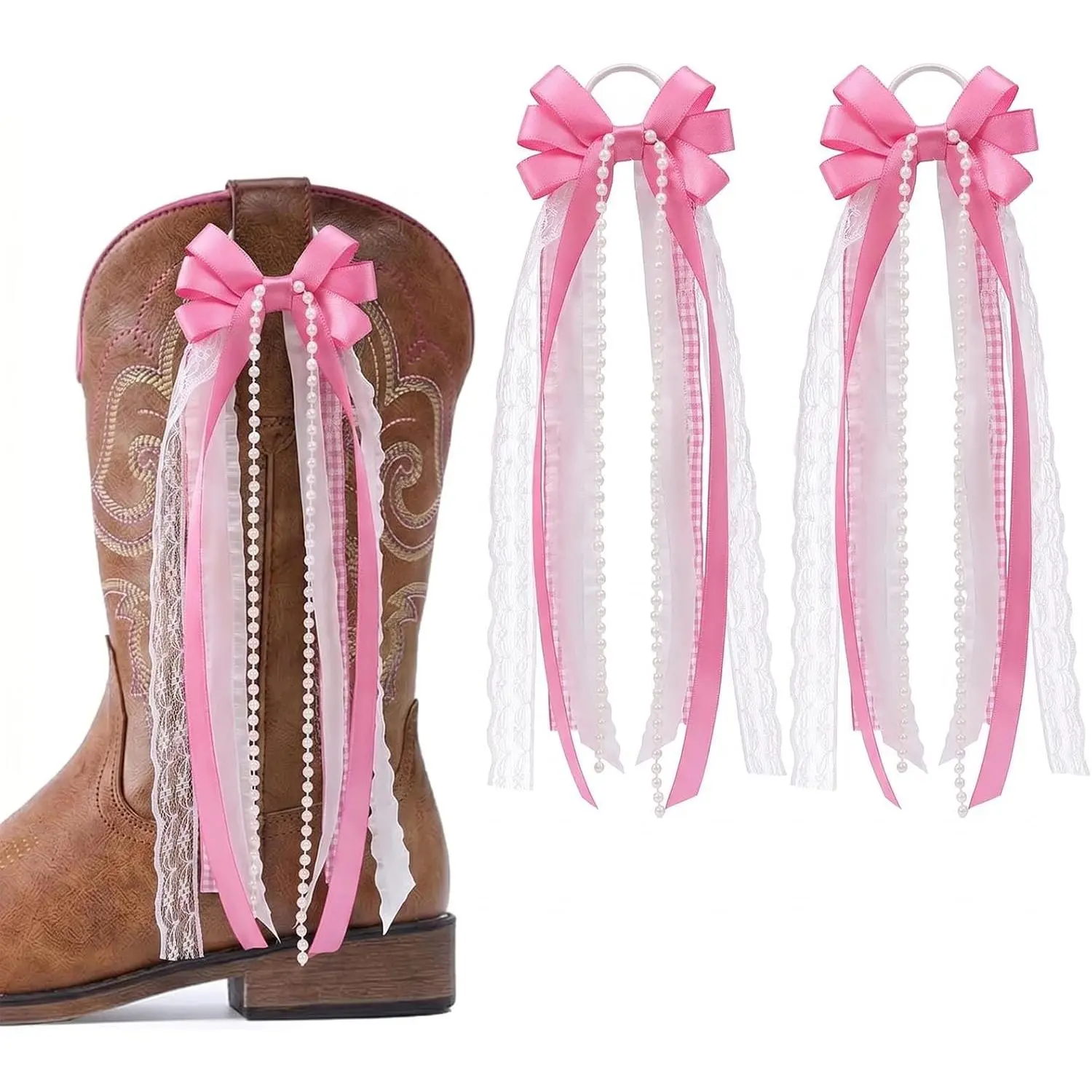 Ribbon Bow Martin Boot Bows,  White Buffalo  Boot Bows Glitter  Lace Holiday Birthday School Accessory Decor