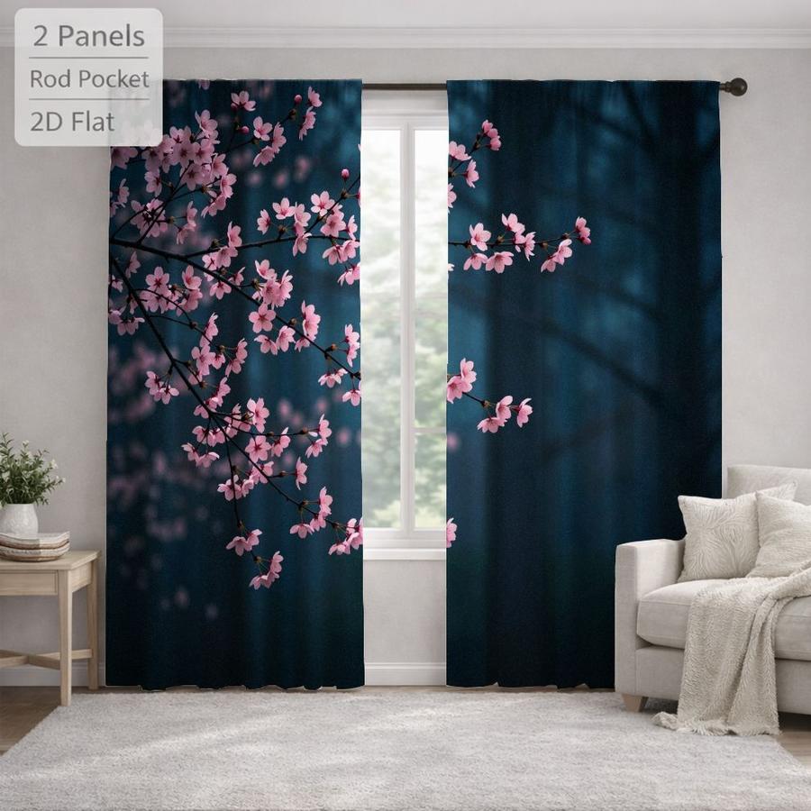 2Pcs Aesthetic Cherry Blossom Floral Pattern Sun Blocking Curtains Digital Printed Rod Pocket, Window Treatment For Bedroom Office Kitchen Living Room Study Home Decor