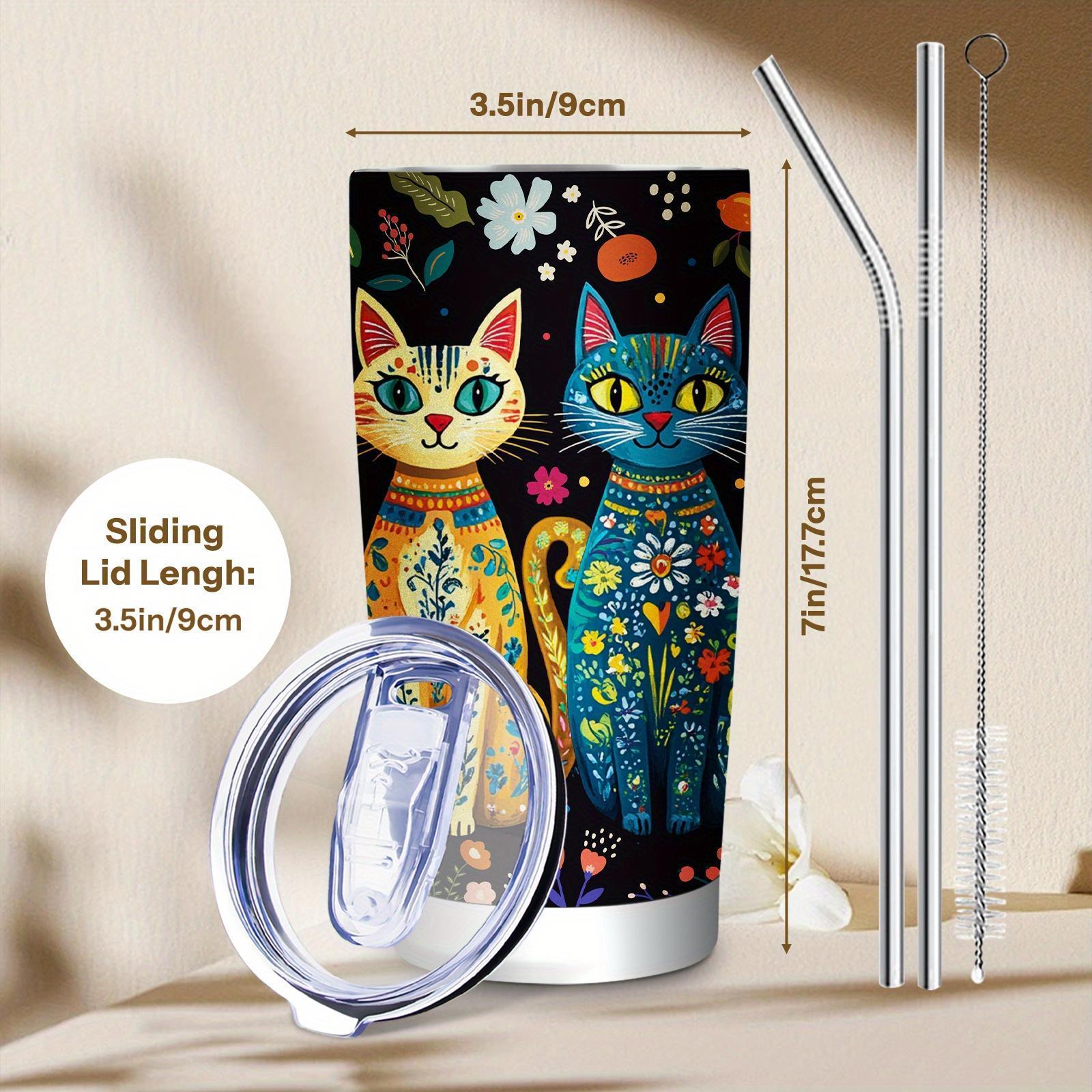 [Reusable Cat Lover Tumbler] 1pc Reusable Cat Lover Tumbler with Straw and Lid, Black and Colorblock Cat Design, Home and Outdoor Use, Holiday Gift for Men and Women. Christmas, Ideal Birthday Gift for Friends