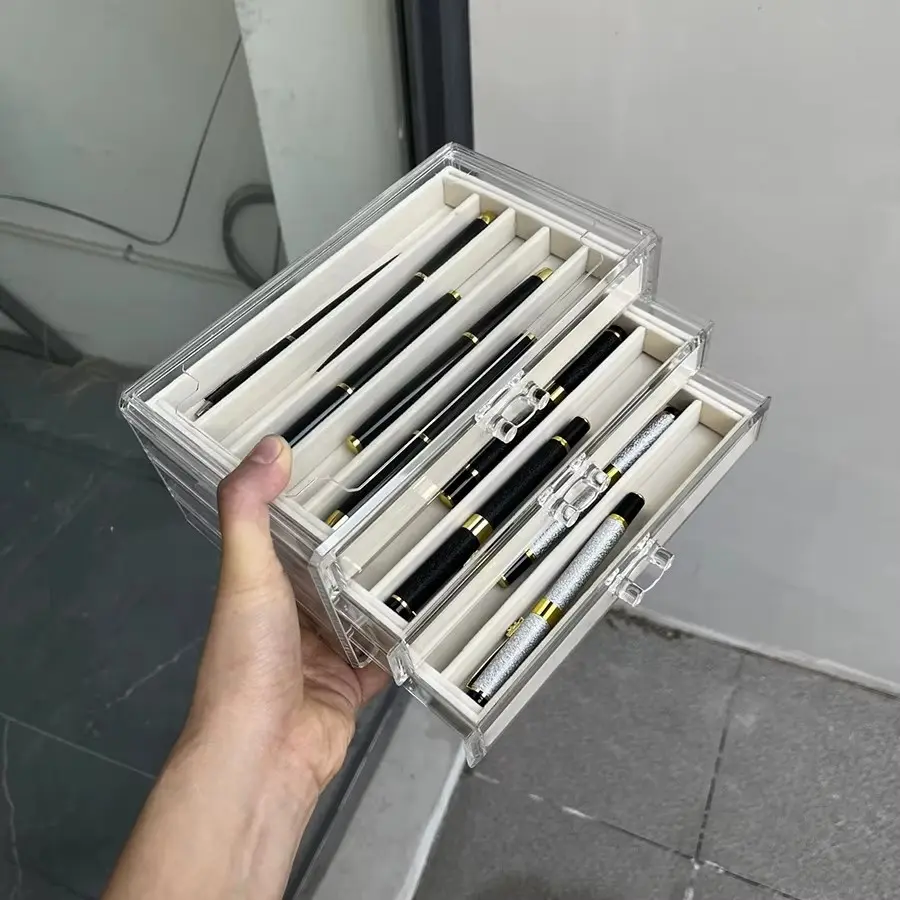 Multi-Layer Pen Storage Box, Transparent Drawer Organizer for Ballpoint and Fountain Pens, Home Office Display Case, Stylish and Functional