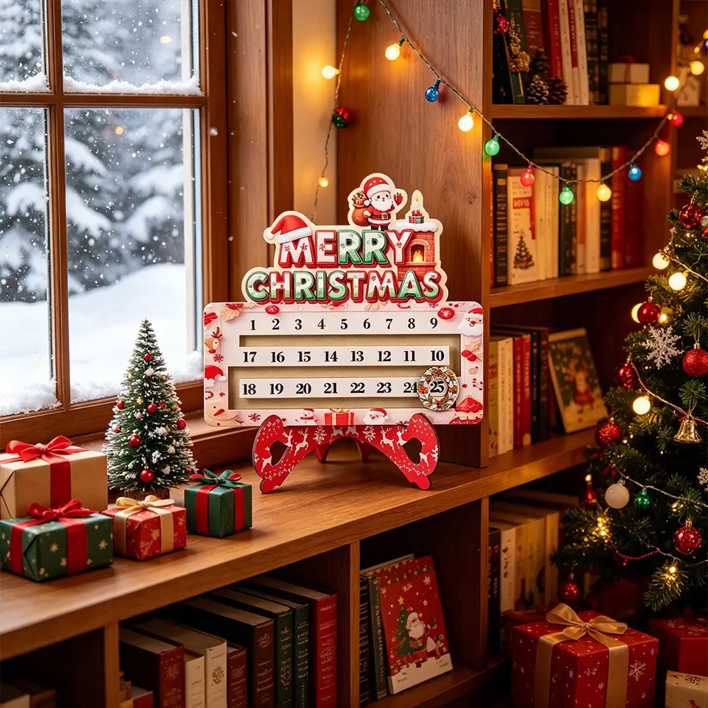 Wooden Christmas Countdown Calendar, Festive 25-Day Sliding Timer, Moveable Number Wreath Design, Cartoon Santa Pattern, Desktop Holiday Decor