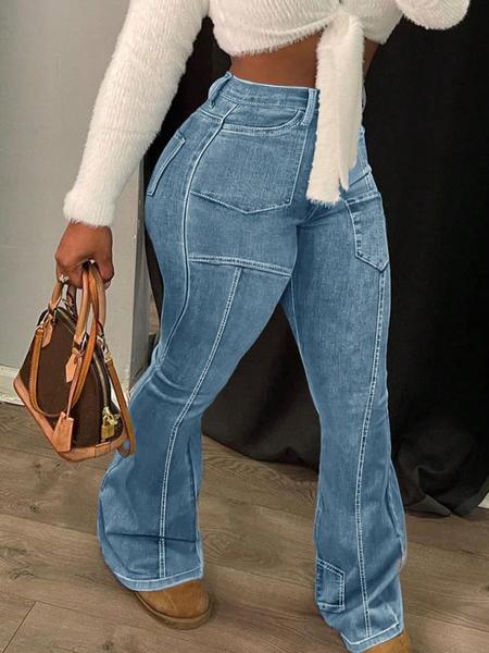 Women's Solid Pocket Flare Leg Jeans, Casual Comfy Denim Bell Bottom Trousers for Daily Wear, Ladies Bottoms for All Seasons