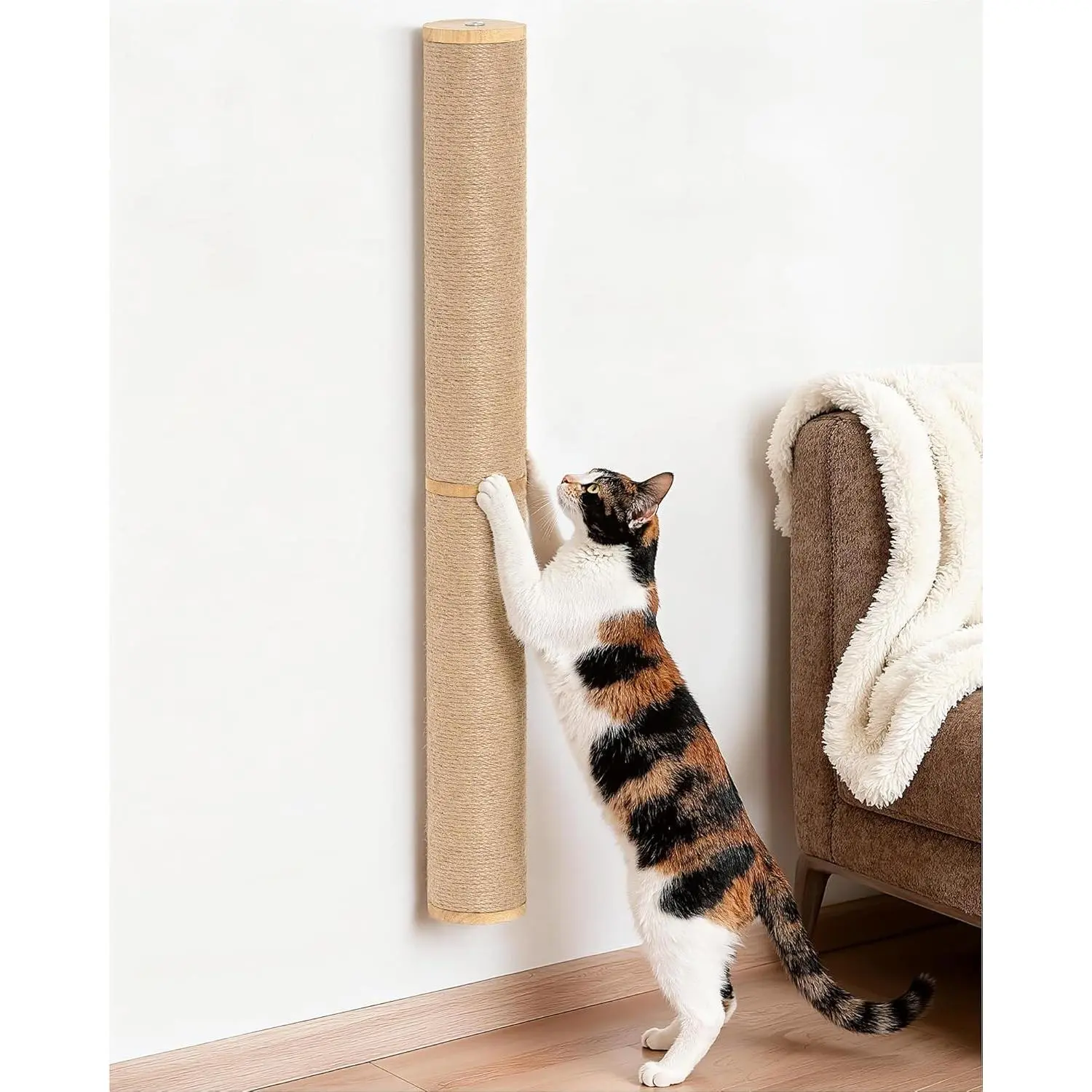 34" Cat Scratching Post on Wall for Large Cats, Wall Mounted Wood Cat Scratcher Furniture for Indoor Cats, Tall and Sturdy Corner Climbing Pole