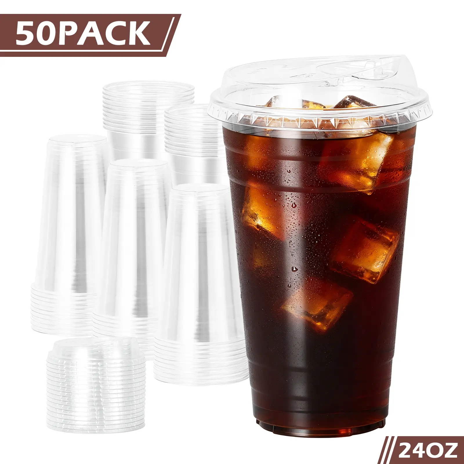 50 PACK 16/20/24oz Clear Plastic cups with Strawless Sip Lids, Disposable Coffee Cups with Lids for Smoothies, Milkshakes, Lemonade, Cold Drinks for Party Bottle Cups, Kitchen Essentials, Parties, Picnics & Summer Events, Summerwins