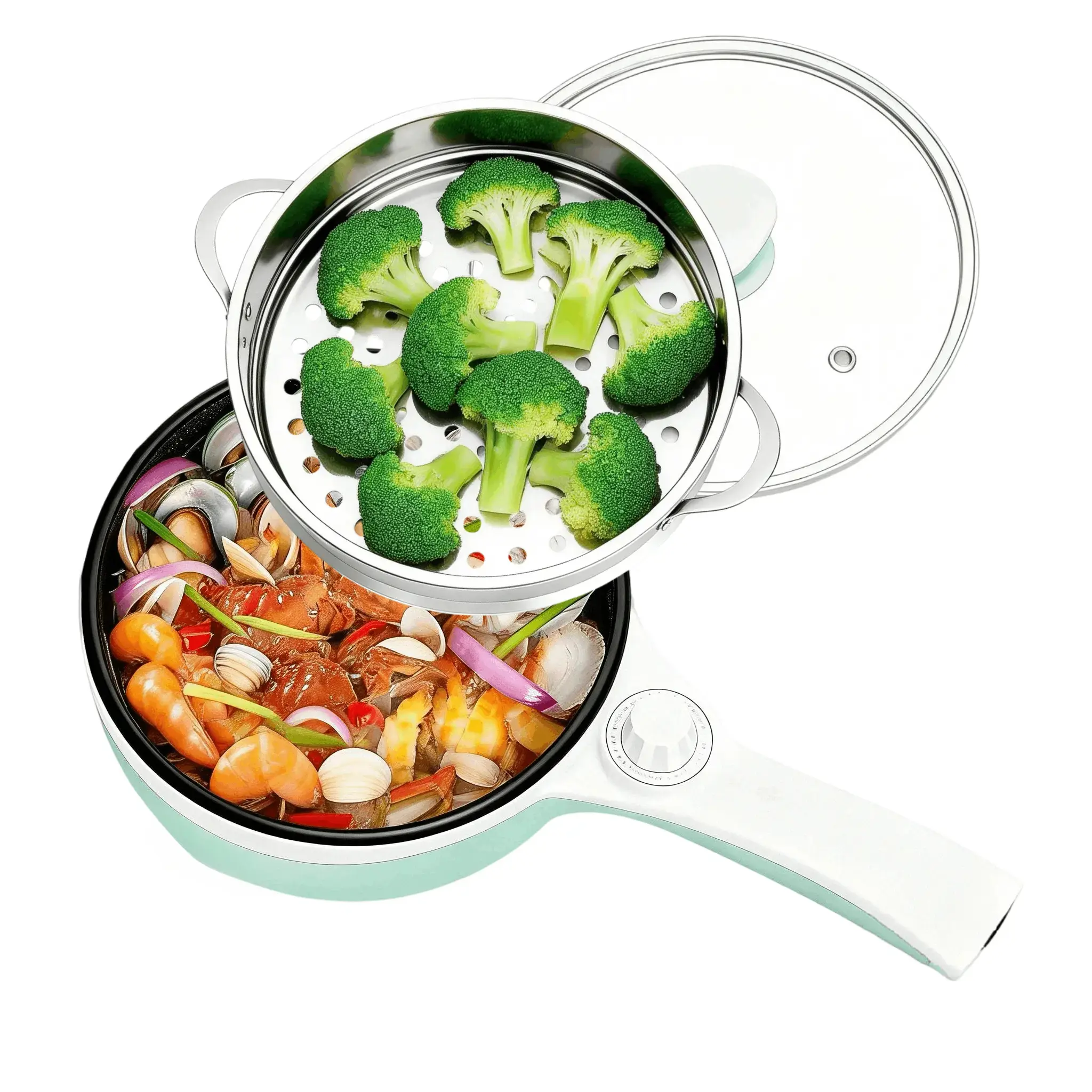 Electric Pot Cooker Non-Stick Sauté Pan Mini Fondue for Cheese Stir Fry Roast Steam with Power Adjustment Perfect for Ramen Steak Pink Egg Rack Included Kitchen Appliances 200W & Above