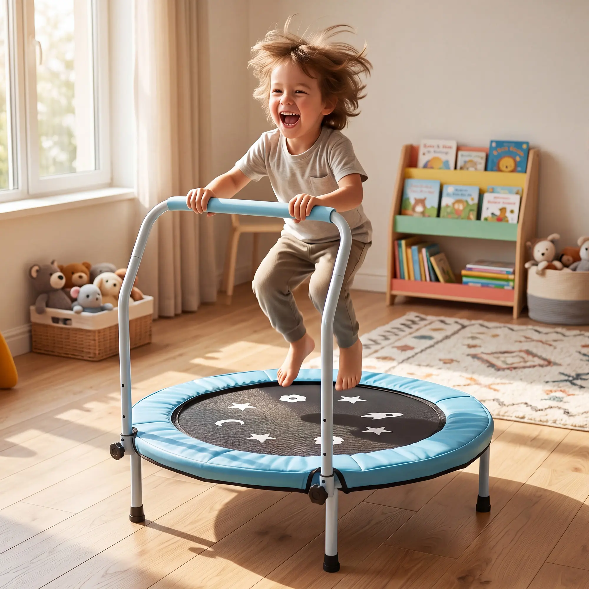 36 Inch Kids Trampoline for Toddlers Ages 3-6, Mini 3ft Indoor Rebounder with Non-Slip Pads, Safety Handle, Quiet Bungee, Easy Assembly & Compact Storage