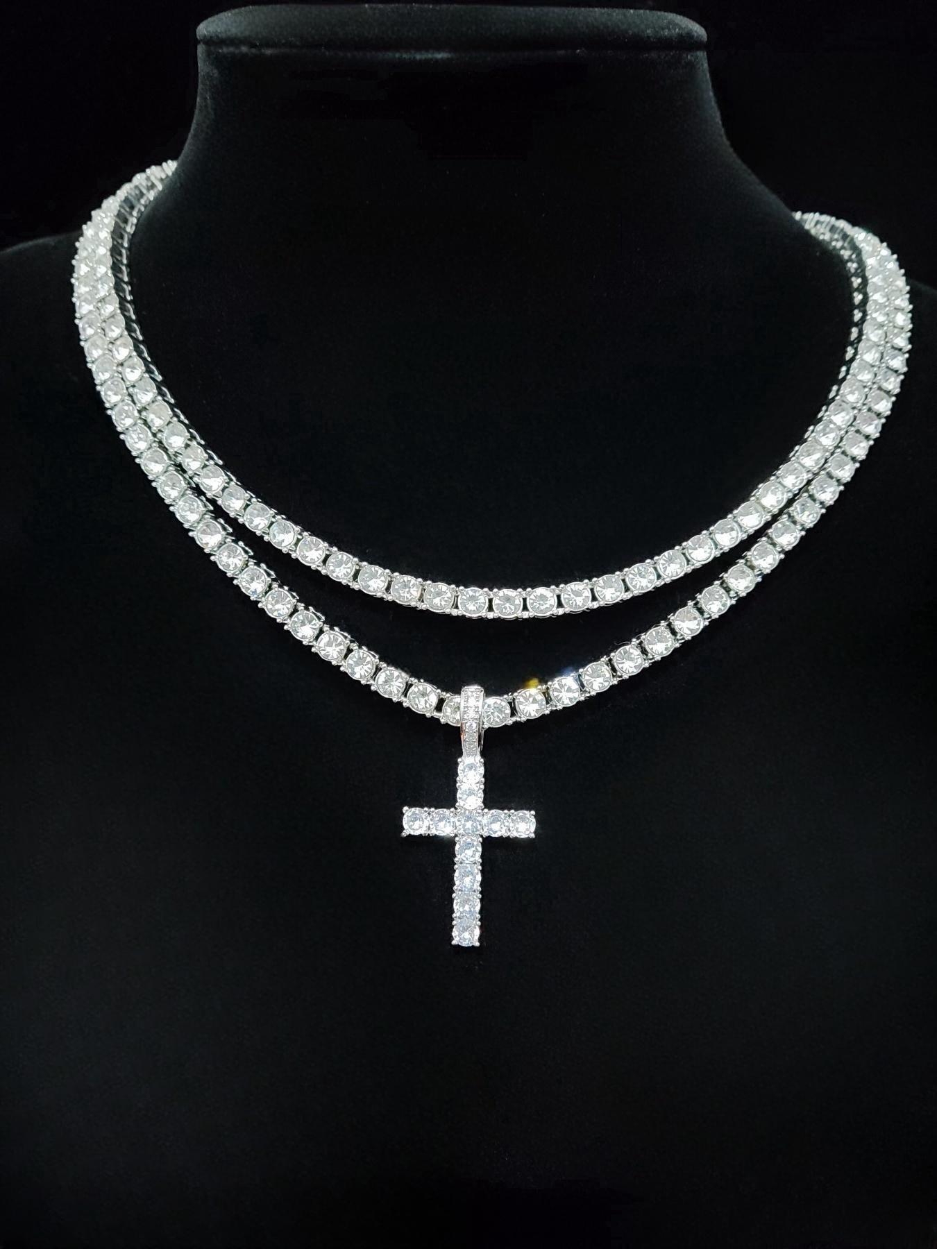 Luxury Artificial Zircon Cross Pendant Necklace for Girlfriend, Rhinestone Cross Necklace, Elegant Rhinestone Necklace, Streetwear Punk Hip Hop Matching Jewelry for Party, Daily Clothing Decor for Girl, Cuban Cross Necklace